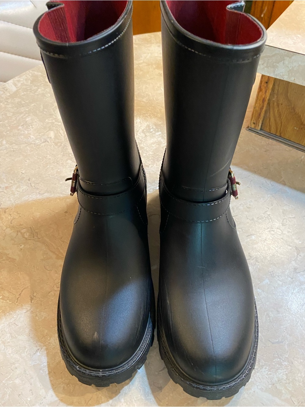Tommy Hilfiger Black Rain Mid-Calf Boots with Red Interior